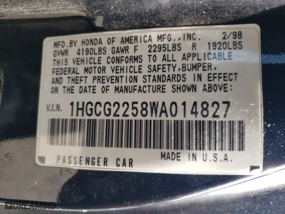 1998 Honda Accord Cpe EX with VIN 1HGCG2258WA014827, listed as a Copart auction lot 86206574 with 311,105 mi miles and Salvage Title. Bid and sale history available at carsss.com. Image 12.