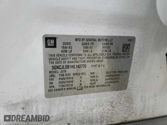2017 Chevrolet Trax LT with VIN 3GNCJLSB1HL142776, listed as a Copart auction lot 43026035 with 106,049 mi miles and Salvage Title. Bid and sale history available at carsss.com. Image 14.