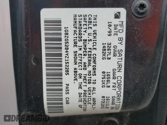 2000 Saturn SL с VIN 1G8ZG5284YZ152285, выставлен на аукционе Copart как лот 59344165 с пробегом Не указан миль и Списание • Salvage title. История ставок и продаж доступна на DreamBid. Изображение 12.
