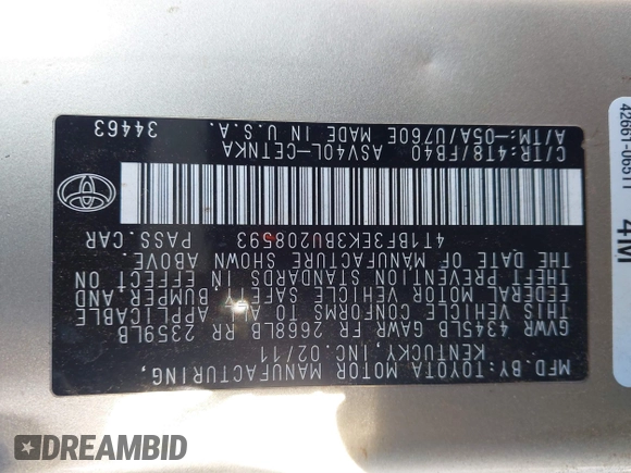 2011 Toyota Camry LE with VIN 4T1BF3EK3BU208593, listed as a IAAI auction lot 41258585 with 269,182 mi miles. Bid and sale history available at carsss.com. Image 9.