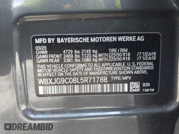 2020 BMW X1 xDrive28i with VIN WBXJG9C08L5R71788, listed as a IAAI auction lot 42604792 with 46,489 mi miles and . Bid and sale history available at DreamBid. Image 9.