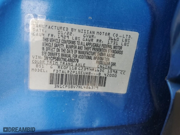 2022 Nissan Kicks S with VIN 3N1CP5BV7NL486379, listed as a Copart auction lot 52696535 with 22,226 mi miles and Non Repairable. Bid and sale history available at carsss.com. Image 12.