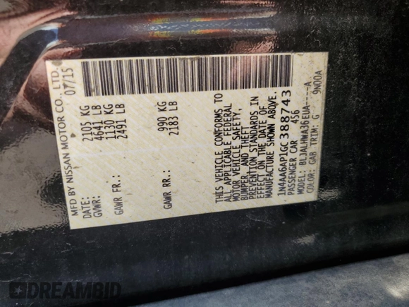 2016 Nissan Maxima SL with VIN 1N4AA6AP1GC388743, listed as a Copart auction lot 63842315 with 131,587 mi miles and Salvage title. Bid and sale history available at DreamBid. Image 12.
