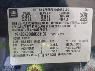 2011 Chevrolet Suburban LTZ with VIN 1GNSCKE00BR353106, listed as a IAAI auction lot 41393001 with 252,968 mi miles. Bid and sale history available at carsss.com. Image 9.