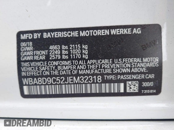 2018 BMW 3 Series 330i xDrive with VIN WBA8D9C52JEM32318, listed as a IAAI auction lot 42309352 with 61,828 mi miles and . Bid and sale history available at DreamBid. Image 9.