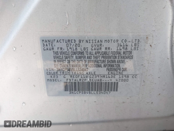 2020 Nissan Kicks S with VIN 3N1CP5BV8LL534047, listed as a IAAI auction lot 41155052 with 67,046 mi miles and . Bid and sale history available at carsss.com. Image 9.