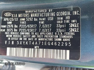 2014 Kia Sorento LX with VIN 5XYKT4A71EG462295, listed as a IAAI auction lot 41508742 with 144,234 mi miles and . Bid and sale history available at carsss.com. Image 9.