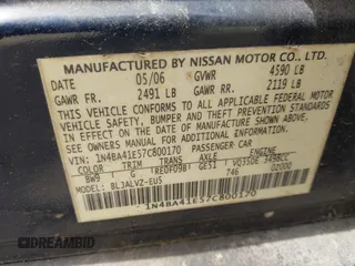 2007 Nissan Maxima SL with VIN 1N4BA41E57C800170, listed as a IAAI auction lot 42090617 with 218,505 mi miles and . Bid and sale history available at DreamBid. Image 9.