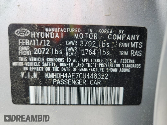 2012 Hyundai Elantra Limited with VIN KMHDH4AE7CU448322, listed as a Copart auction lot 62540055 with 122,623 mi miles and Salvage title. Bid and sale history available at DreamBid. Image 12.