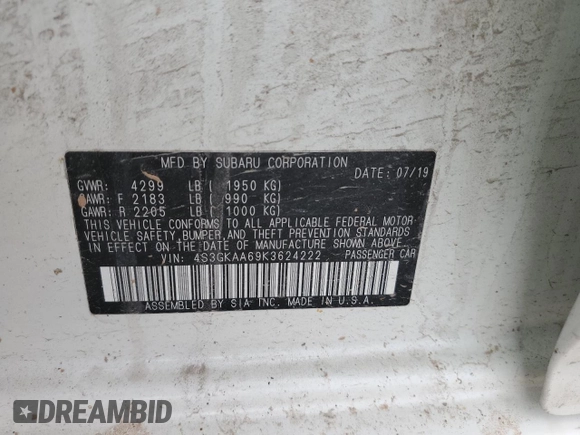 2019 Subaru Impreza with VIN 4S3GKAA69K3624222, listed as a Copart auction lot 63018145 with 130,050 mi miles and Salvage title. Bid and sale history available at DreamBid. Image 12.