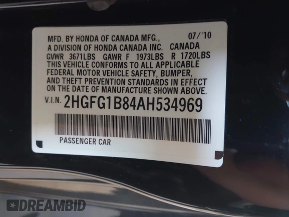 2010 Honda Civic Cpe EX with VIN 2HGFG1B84AH534969, listed as a IAAI auction lot 42067211 with 85,919 mi miles. Bid and sale history available at carsss.com. Image 9.