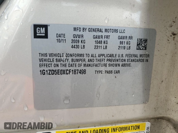 2012 Chevrolet Malibu 2LT with VIN 1G1ZD5E0XCF187498, listed as a Copart auction lot 54817625 with 65,875 mi miles and Salvage Title. Bid and sale history available at DreamBid. Image 13.