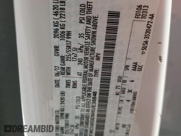 2017 Ford Escape SE z VIN 1FMCU0GD9HUE38848, wystawiony jako Copart lot #56859745 z przebiegiem 69 404 mil mil oraz Szkoda całkowita • Salvage title. Historia ofert i sprzedaży dostępna na DreamBid. Obrazek 14.