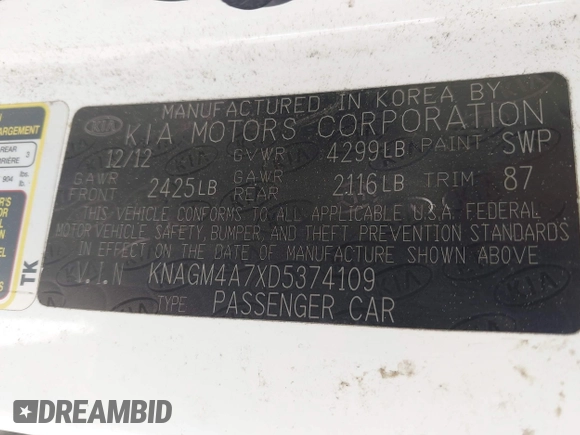 2013 Kia Optima LX z VIN KNAGM4A7XD5374109, wystawiony jako IAAI lot #42209534 z przebiegiem 184 578 mil mil oraz . Historia ofert i sprzedaży dostępna na DreamBid. Obrazek 9.
