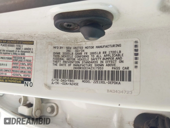 2004 Toyota Corolla CE with VIN 1NXBR32E34Z317953, listed as a IAAI auction lot 42118057 with 191,536 mi miles and . Bid and sale history available at DreamBid. Image 9.