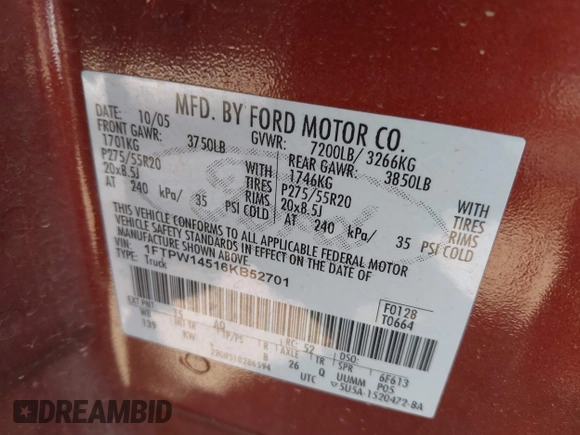 2006 Ford F-150 XLT с VIN 1FTPW14516KB52701, выставлен на аукционе IAAI как лот 42570677 с пробегом 185 149 миль миль и . История ставок и продаж доступна на DreamBid. Изображение 9.