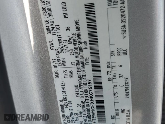 2017 Ford F-150 XL с VIN 1FTEW1CFXHKC75157, выставлен на аукционе Copart как лот 57405355 с пробегом 265 634 миль миль и Чистый • Clean title. История ставок и продаж доступна на DreamBid. Изображение 12.