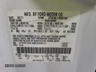 2011 Ford F-150 with VIN 1FTPF1EF3BKD95511, listed as a IAAI auction lot 42785532 with 86,006 mi miles and . Bid and sale history available at DreamBid. Image 19.