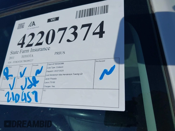 2011 Toyota Prius I z VIN JTDKN3DU7B0289227, wystawiony jako IAAI lot #42207374 z przebiegiem 210 457 mil mil oraz . Historia ofert i sprzedaży dostępna na DreamBid. Obrazek 17.