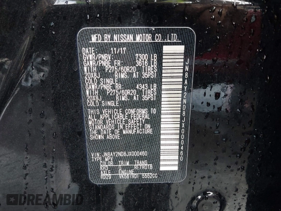 2018 Nissan Armada SL with VIN JN8AY2ND8JX000460, listed as a IAAI auction lot 41878921 with 143,454 mi miles and . Bid and sale history available at DreamBid. Image 9.