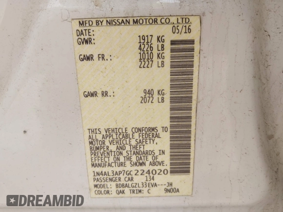 2016 Nissan Altima SR z VIN 1N4AL3AP7GC224020, wystawiony jako IAAI lot #42123457 z przebiegiem 153 913 mil mil oraz . Historia ofert i sprzedaży dostępna na DreamBid. Obrazek 9.