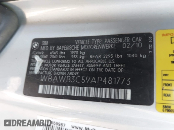 2010 BMW 3 Series 328i with VIN WBAWB3C59AP481773, listed as a IAAI auction lot 42514170 with 96,057 mi miles and . Bid and sale history available at DreamBid. Image 9.
