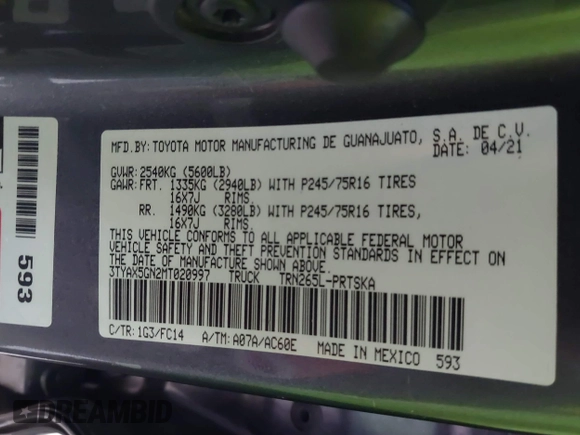 2021 Toyota Tacoma SR z VIN 3TYAX5GN2MT020997, wystawiony jako IAAI lot #40991578 z przebiegiem 81 509 mil mil oraz . Historia ofert i sprzedaży dostępna na DreamBid. Obrazek 9.