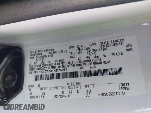 2017 Ford F-150 XL with VIN 1FTEX1CG9HKD76051, listed as a IAAI auction lot 41673314 with 236,509 mi miles and . Bid and sale history available at DreamBid. Image 9.
