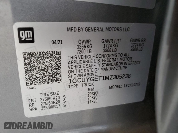 2021 Chevrolet Silverado 1500 LTZ with VIN 1GCUYGET1MZ305238, listed as a Copart auction lot 68884534 with 84,045 mi miles and Salvage Title. Bid and sale history available at DreamBid. Image 14.