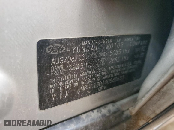 2004 Hyundai Santa Fe GLS with VIN KM8SC13D14U580633, listed as a Copart auction lot 61255995 with 207,212 mi miles and Clean title. Bid and sale history available at DreamBid. Image 12.