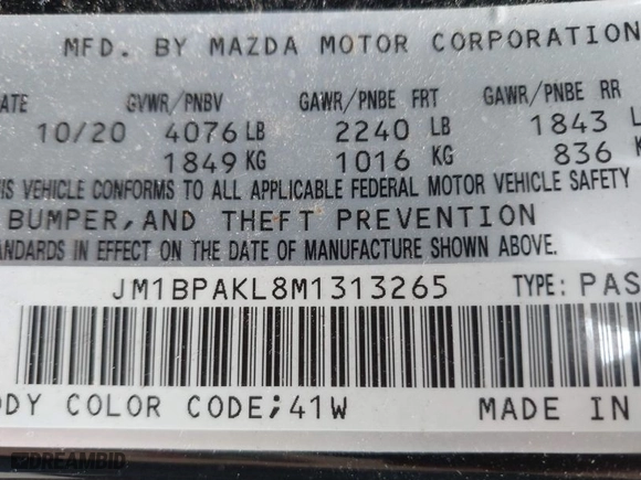 2021 Mazda Mazda3 Hatchback Select with VIN JM1BPAKL8M1313265, listed as a IAAI auction lot 39937954 with 77,446 mi miles. Bid and sale history available at carsss.com. Image 9.