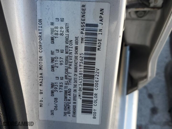 2008 Mazda Mazda3 s Grand Touring with VIN JM1BK343581173625, listed as a Copart auction lot 50391125 with 208,911 mi miles and Salvage Title. Bid and sale history available at carsss.com. Image 12.
