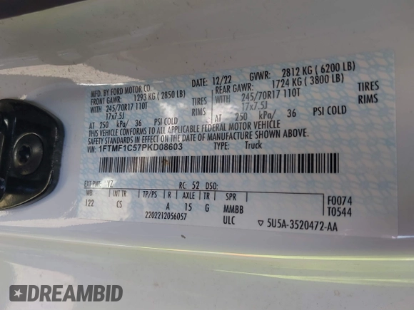 2023 Ford F-150 XL with VIN 1FTMF1C57PKD08603, listed as a IAAI auction lot 41804602 with Not provided miles and . Bid and sale history available at DreamBid. Image 9.