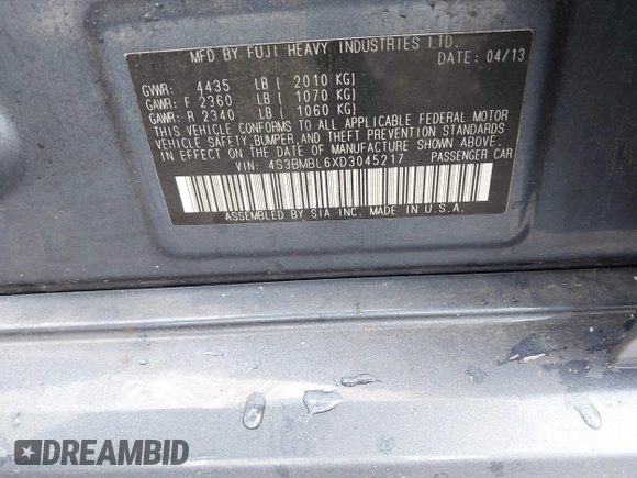 2013 Subaru Legacy Limited with VIN 4S3BMBL6XD3045217, listed as a IAAI auction lot 42469602 with 85,809 mi miles and . Bid and sale history available at DreamBid. Image 9.