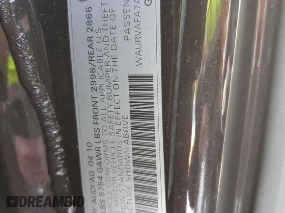 2010 Audi A8 z VIN WAURVAFA7AN007320, wystawiony jako Copart lot #88761015 z przebiegiem Nie podano mil oraz Szkoda całkowita • Salvage title. Historia ofert i sprzedaży dostępna na DreamBid. Obrazek 12.