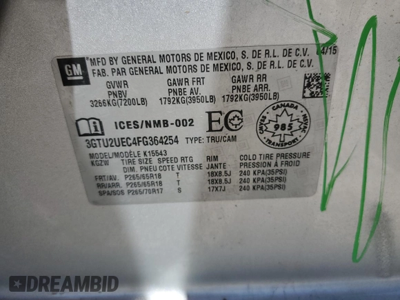 2015 GMC Sierra 1500 SLE z VIN 3GTU2UEC4FG364254, wystawiony jako Copart lot #58564765 z przebiegiem 86 931 mil mil oraz Szkoda całkowita • Salvage title. Historia ofert i sprzedaży dostępna na DreamBid. Obrazek 12.
