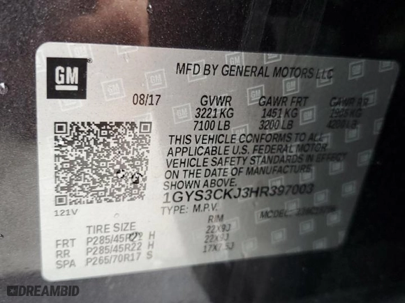 2017 Cadillac Escalade Premium Luxury with VIN 1GYS3CKJ3HR397003, listed as a Copart auction lot 57629104 with 104,645 mi miles and Salvage Title. Bid and sale history available at carsss.com. Image 14.