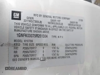 2009 Chevrolet Tahoe Special Service Vehicle with VIN 1GNFK03079R261304, listed as a IAAI auction lot 41555607 with 182,880 mi miles. Bid and sale history available at carsss.com. Image 9.