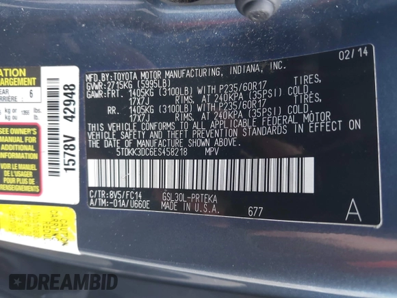 2014 Toyota Sienna LE AAS with VIN 5TDKK3DC6ES458218, listed as a IAAI auction lot 42670342 with 79,213 mi miles and . Bid and sale history available at DreamBid. Image 9.