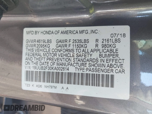 2019 Acura TLX with VIN 19UUB2F30KA002614, listed as a IAAI auction lot 41569334 with 96,320 mi miles and . Bid and sale history available at DreamBid. Image 9.
