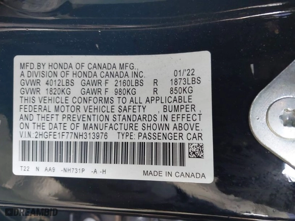 2022 Honda Civic Sedan EX with VIN 2HGFE1F77NH313976, listed as a IAAI auction lot 41459984 with 70,908 mi miles. Bid and sale history available at carsss.com. Image 9.