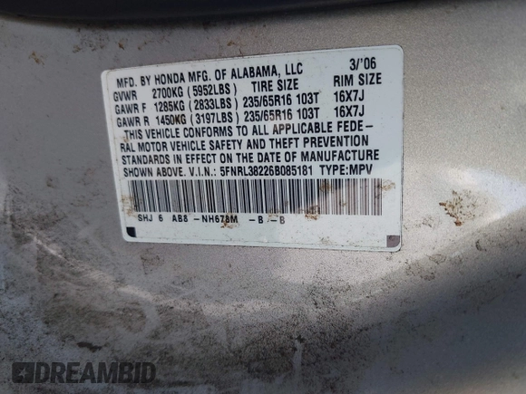2006 Honda Odyssey LX with VIN 5FNRL38226B085181, listed as a IAAI auction lot 42594621 with 210,616 mi miles and . Bid and sale history available at DreamBid. Image 9.