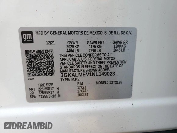 2022 GMC Terrain SLE with VIN 3GKALMEV1NL149023, listed as a Copart auction lot 58888875 with 22,071 mi miles and Salvage title. Bid and sale history available at DreamBid. Image 13.