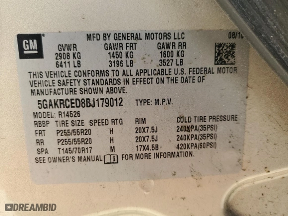 2011 Buick Enclave CXL-2 with VIN 5GAKRCED8BJ179012, listed as a Copart auction lot 46452105 with 198,788 mi miles and Clean Title. Bid and sale history available at carsss.com. Image 13.