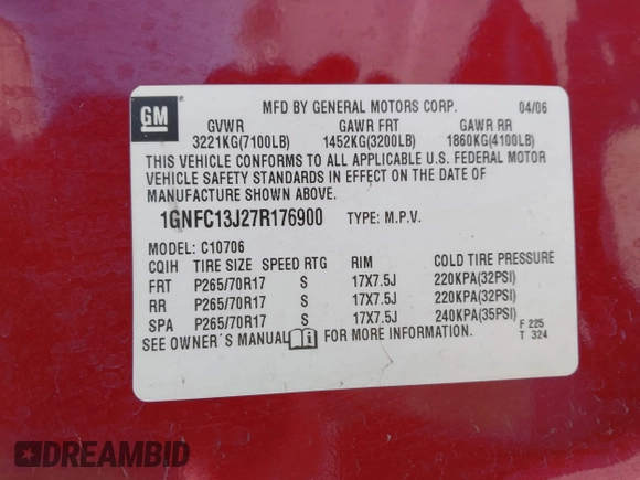 2007 Chevrolet Tahoe LS with VIN 1GNFC13J27R176900, listed as a IAAI auction lot 42115996 with Not provided miles and . Bid and sale history available at DreamBid. Image 9.