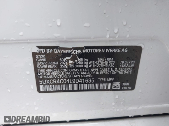2020 BMW X5 sDrive40i with VIN 5UXCR4C04L9D41635, listed as a IAAI auction lot 42201174 with 64,989 mi miles and . Bid and sale history available at DreamBid. Image 9.