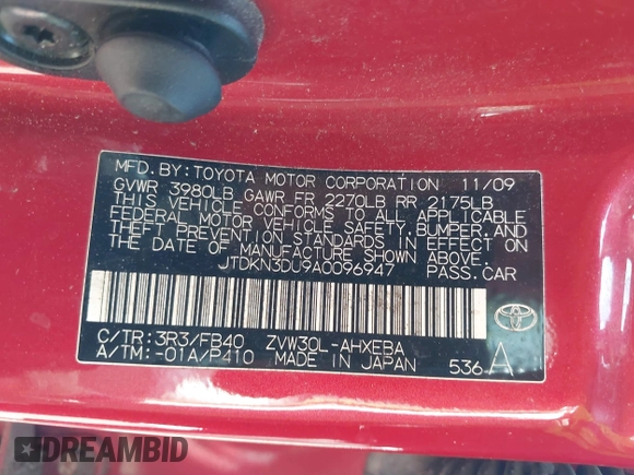 2010 Toyota Prius II with VIN JTDKN3DU9A0096947, listed as a IAAI auction lot 42150050 with 200,314 mi miles. Bid and sale history available at carsss.com. Image 9.