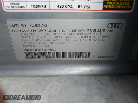 2013 Audi A3 Premium Plus z VIN WAUKJAFM3DA029530, wystawiony jako Copart lot #84448764 z przebiegiem 124 433 mil mil oraz Szkoda całkowita • Salvage title. Historia ofert i sprzedaży dostępna na DreamBid. Obrazek 12.