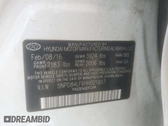 2017 Hyundai Elantra Limited с VIN 5NPD84LF6HH021807, выставлен на аукционе Copart как лот 57307735 с пробегом 87 508 миль миль и Списание • Salvage title. История ставок и продаж доступна на DreamBid. Изображение 13.