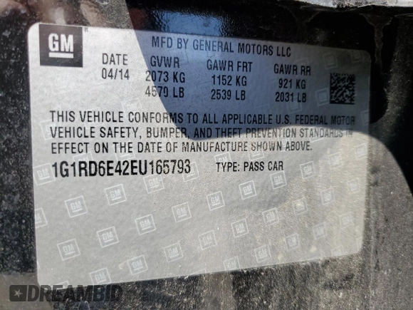 2014 Chevrolet Volt with VIN 1G1RD6E42EU165793, listed as a Copart auction lot 56201815 with 77,156 mi miles and Clean Title. Bid and sale history available at DreamBid. Image 12.